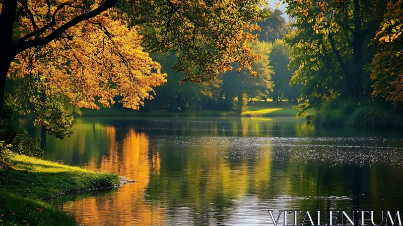 Golden autumn canopy mirrored on a tranquil woodland river.