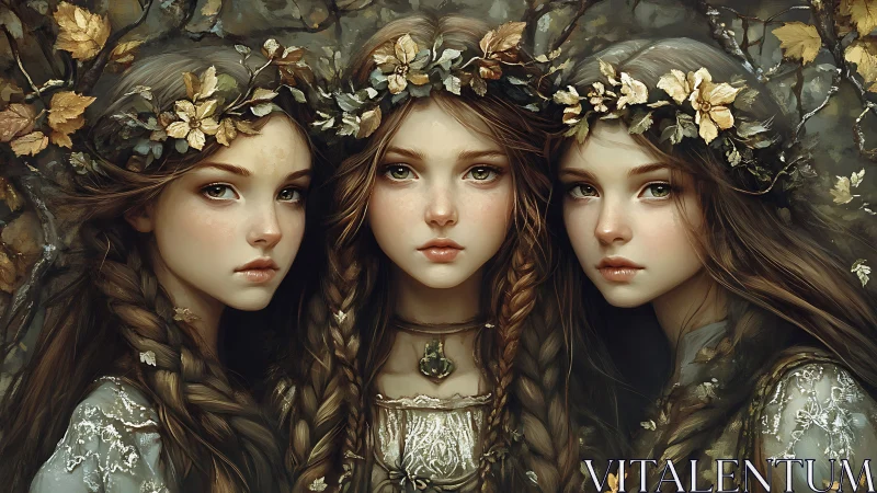 Three braided girls stand closely framed by autumn leaves