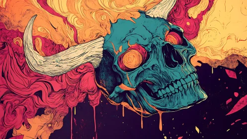Horned turquoise skull within swirling abstract flames.