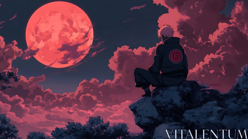 Solitary ninja watching blood moon over crimson clouds.