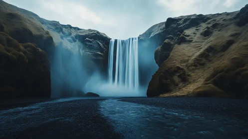 Waterfall cascades between steep mossy cliffs into river basin