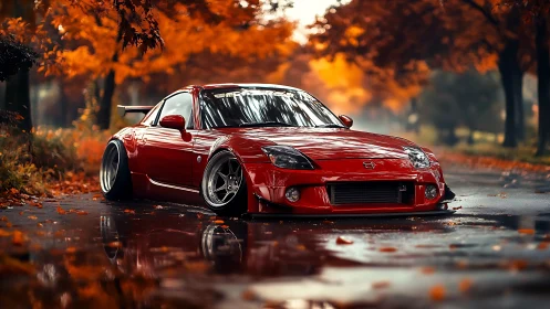 Modified red sports coupe on wet road in autumn park.