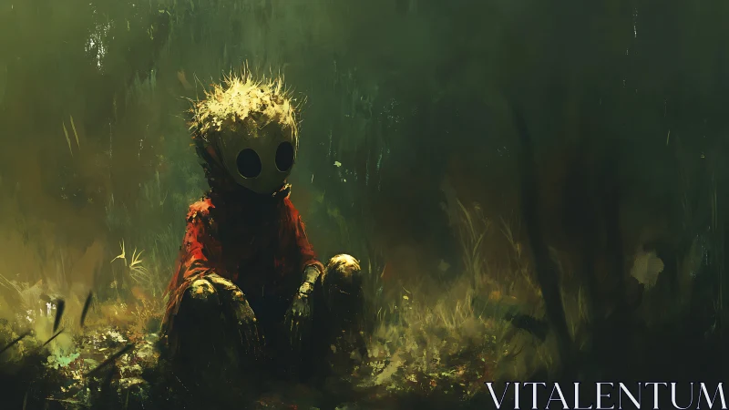 Solitary gasmask wanderer resting in a drowned forest hush.