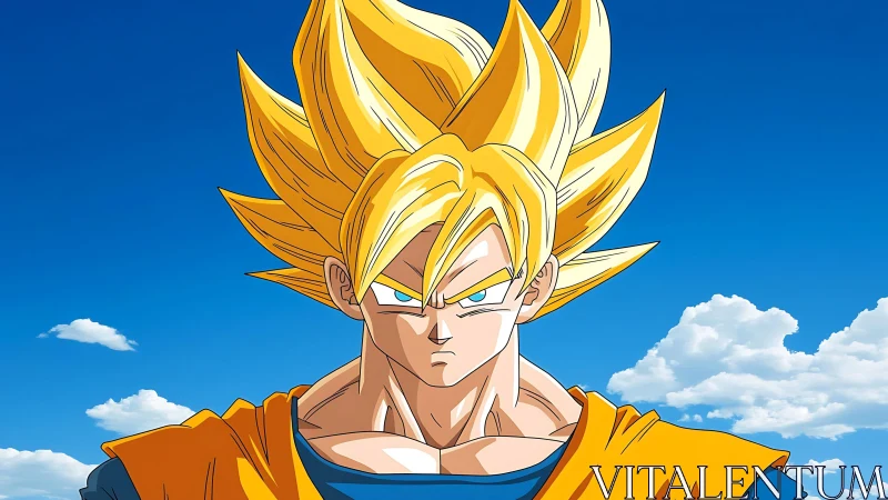 Cel-shaded anime warrior portrait under clear blue sky