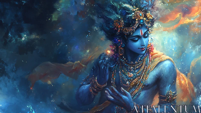 Celestial blue deity dances amid swirling cosmic light.