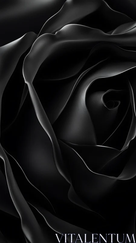 Macro-rendered black rose petals show glossy curvature and tight spiral