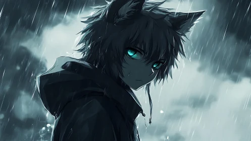 Anthropomorphic youth with wolf ears in steady rainfall.