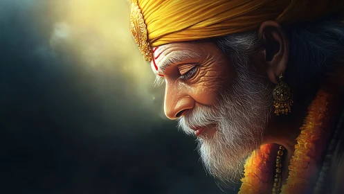 Digital portrait of elderly Indian guru in golden light.
