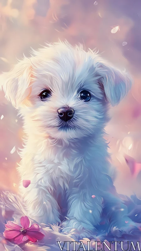 Fluffy white puppy sitting in soft pastel petals portrait.