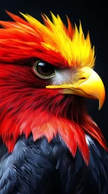 Crowned fire-feather guardian in molten sunset plumage.