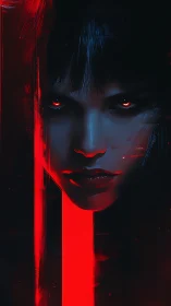 Dark cybernetic portrait with intense red neon gaze.