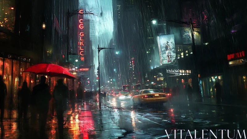 Neon city rainstorm with lone red umbrella in motion.