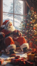 Santa rests by glowing tree in cozy Christmas cabin.