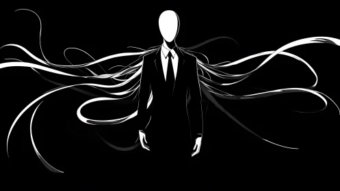 Faceless suited figure with tentacle-like shadow limbs in dark