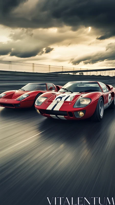 Red classic race cars in motion on track under clouds.