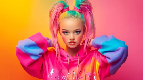 Digital portrait of girl in neon hoodie on gradient ground.