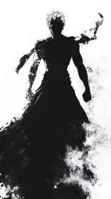 Shadow warrior silhouette dissolves into ink clouds.