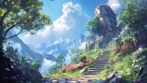 Luminous alpine pathway with terraced flora and misted peaks.