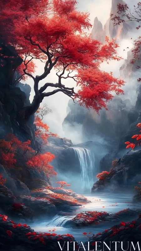 Red foliage tree above misted waterfall in rocky gorge.