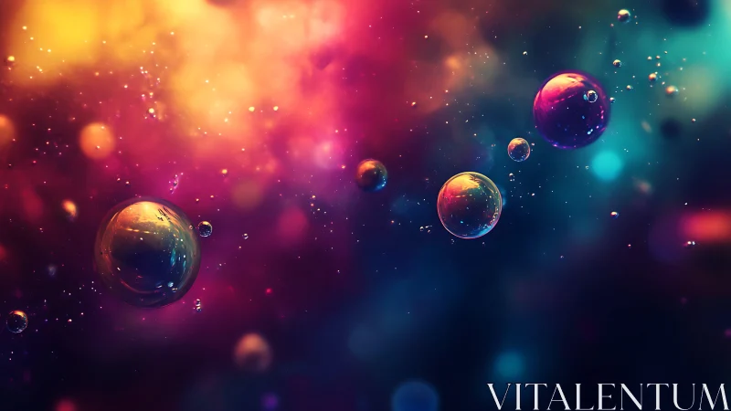 Colorful soap-like spheres float against blurred nebula field