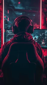 Gamer sits at dual monitors in red neon gaming setup