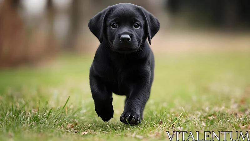 Black labrador puppy walking on grass in shallow focus field.