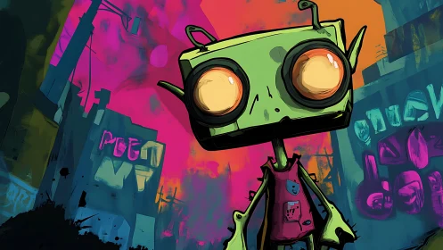 Neon alley robot kid wanders through a glitchy painted city.