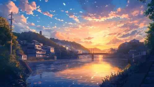 Riverfront town at golden hour sunset with bridge reflections