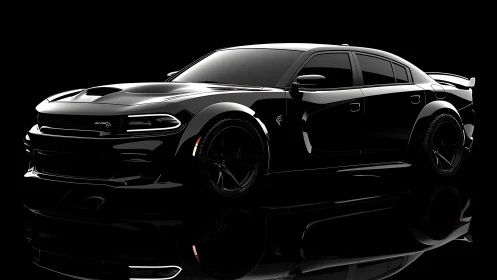 Glossy black muscle sedan rendered in dramatic studio light.