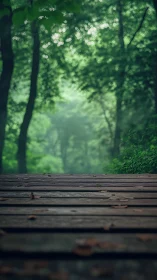 Wooden table surface with out-of-focus forest pathway in background.