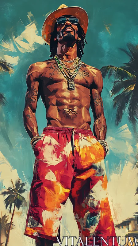 Top-down beach portrait of shirtless man in vivid shorts.