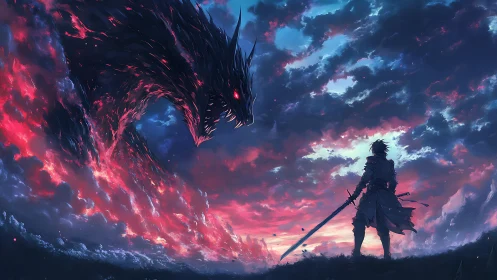 Skyborn warrior meets flame-torn dragon at dusk’s edge.