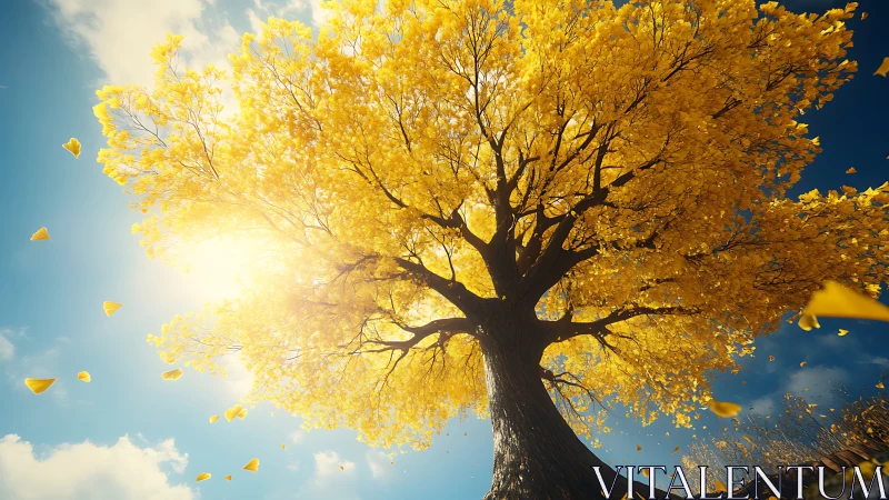 Low-angle golden tree under backlit sky with dynamic leaf motion