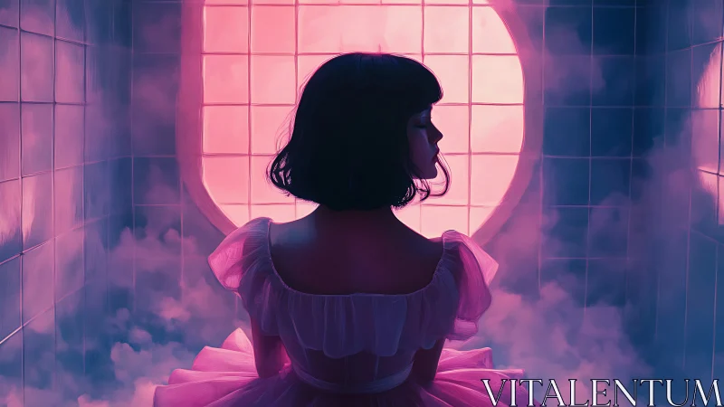 Moonlit vapor room girl wrapped in cotton-candy glow.