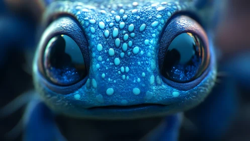 Macro close-up renders bioluminescent blue amphibian face