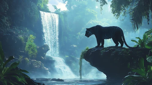Black Panther Silhouette on Rocky Outcrop Above Cascading Waterfall.