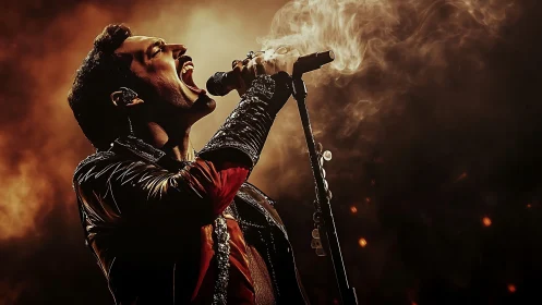 Photorealistic stage vocalist in dramatic smoke-lit profile.