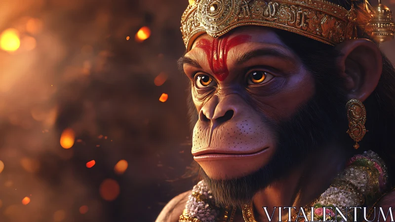 Regal monkey warrior glowing in soft ember light.