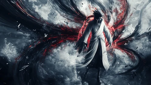 Dark-robed figure stands amid swirling red and gray energy