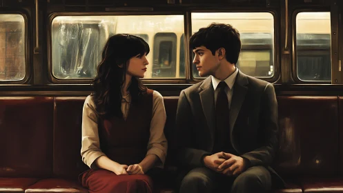 Two figures conversing on vintage locomotive interior.