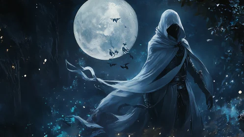 Luminous lunar backlit wraith in dynamically streaming cloak.