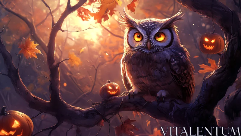Owl on forest branch with glowing pumpkins at dusk.
