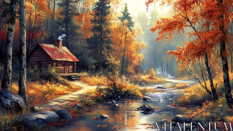 Autumn forest cabin by reflective stream in warm backlighting