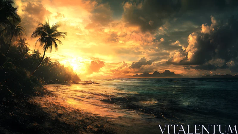 Sunset tides melt gold across a palm-shadowed tropical shore