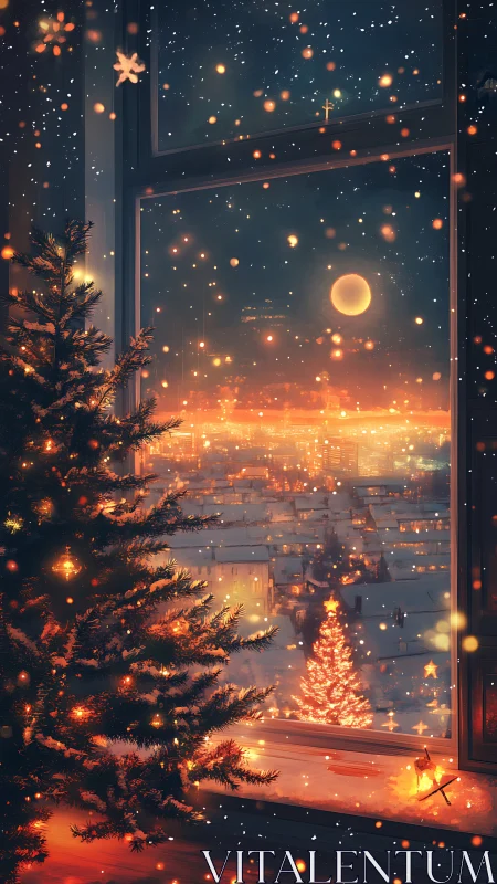 Warmly lit Christmas tree by window over snowy city