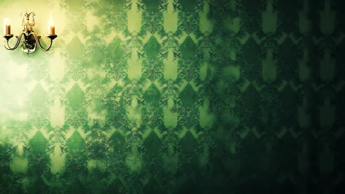 Wall sconce lighting on patterned green vintage wallpaper.