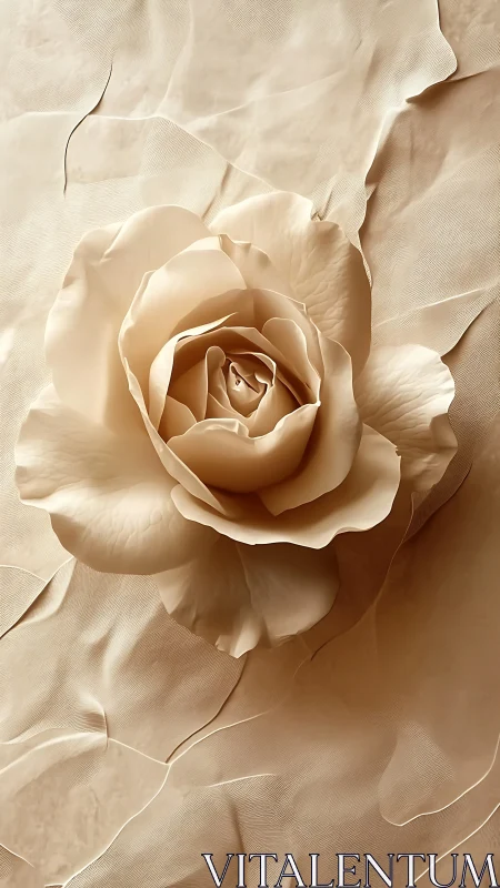 Photorealistic cream rose in sculpted monochrome textile field.
