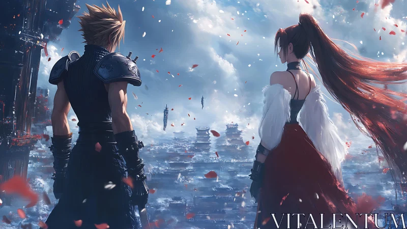 Warrior duo overlook floating city under stormlit sky.