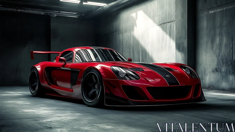Red racing car sits under hard overhead light in concrete garage