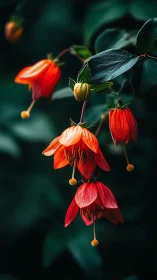 Red Nodding Flowers with Green Foliage Against Dark Background